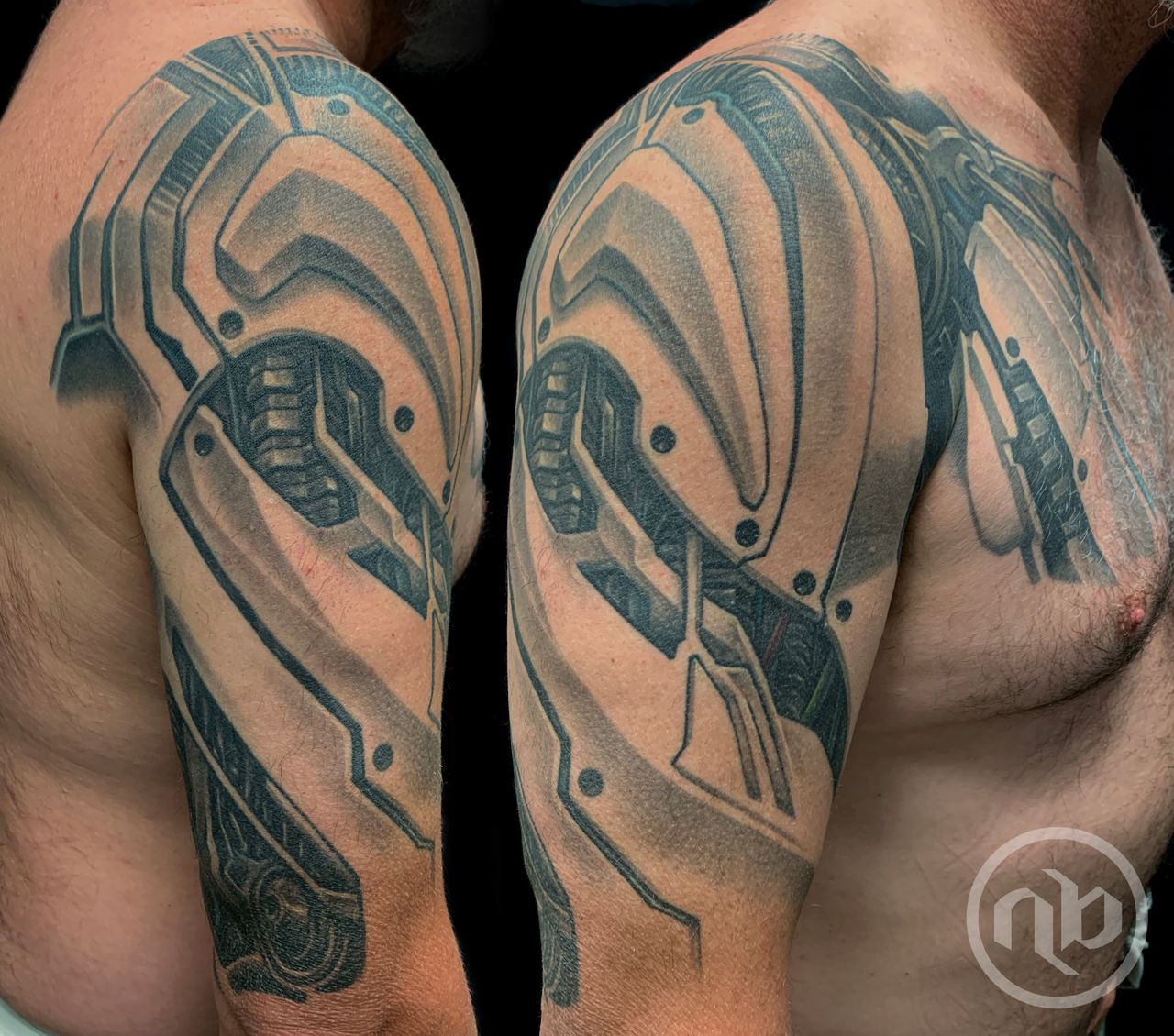 Side-by-side views show a black-and-grey biomechanical tattoo extending across the upper arm and chest in layered angular panels.