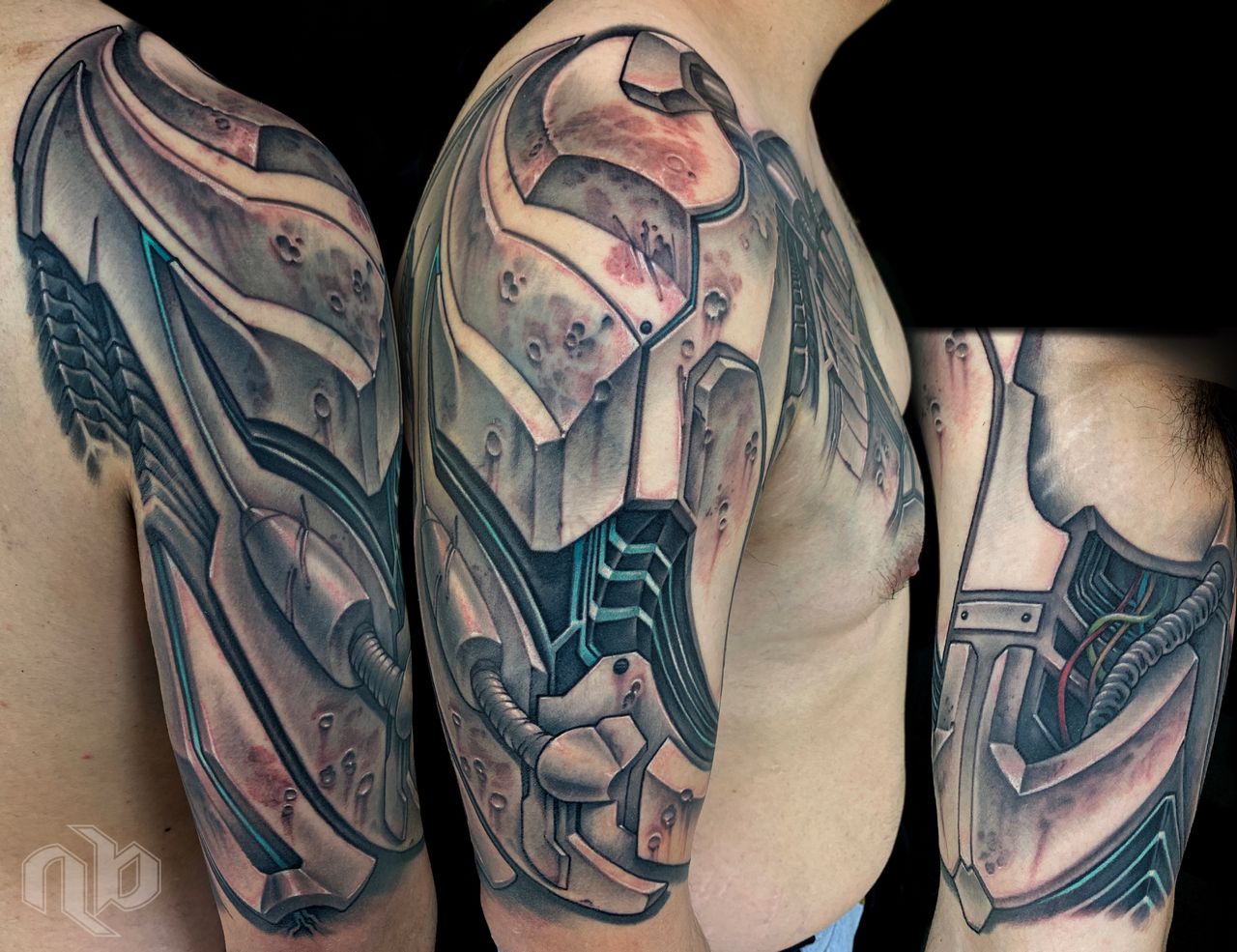 Three close views show an arm tattoo resembling weathered robotic armor, with grey panels, dark mechanical joints, cables, and turquoise accents.