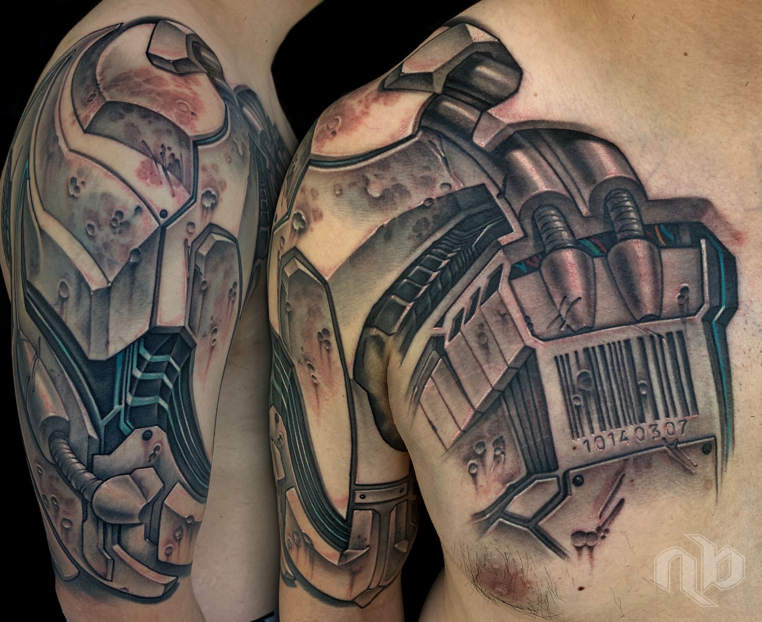 Two close views show an arm and chest tattoo of weathered robotic armor in muted grey, with teal accents.