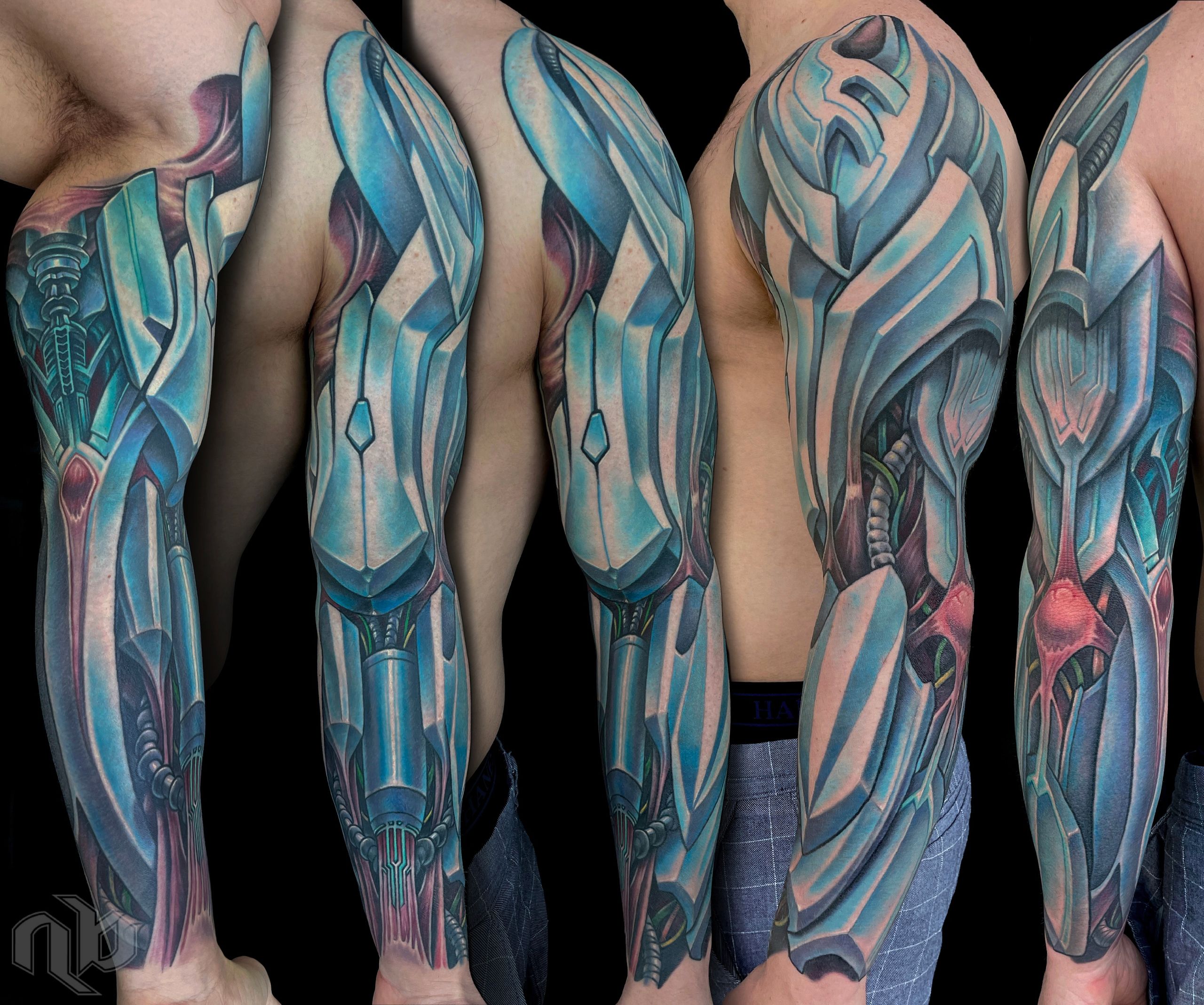 Five views show a large full-arm tattoo of layered teal robotic armor, dark mechanical joints, and magenta organic details.