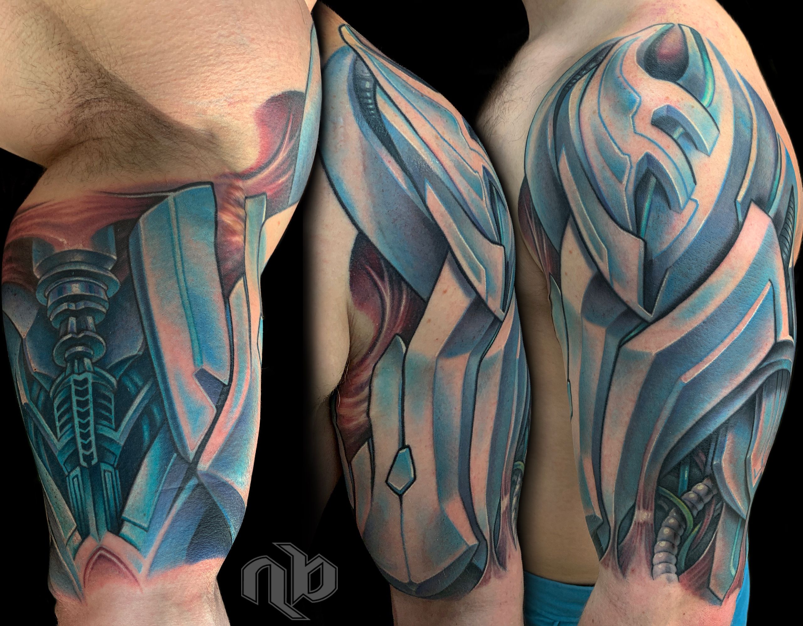 Three close views show a large arm tattoo of blue-grey robotic armor with pink highlights, angular plating, cables, and mechanical joints.