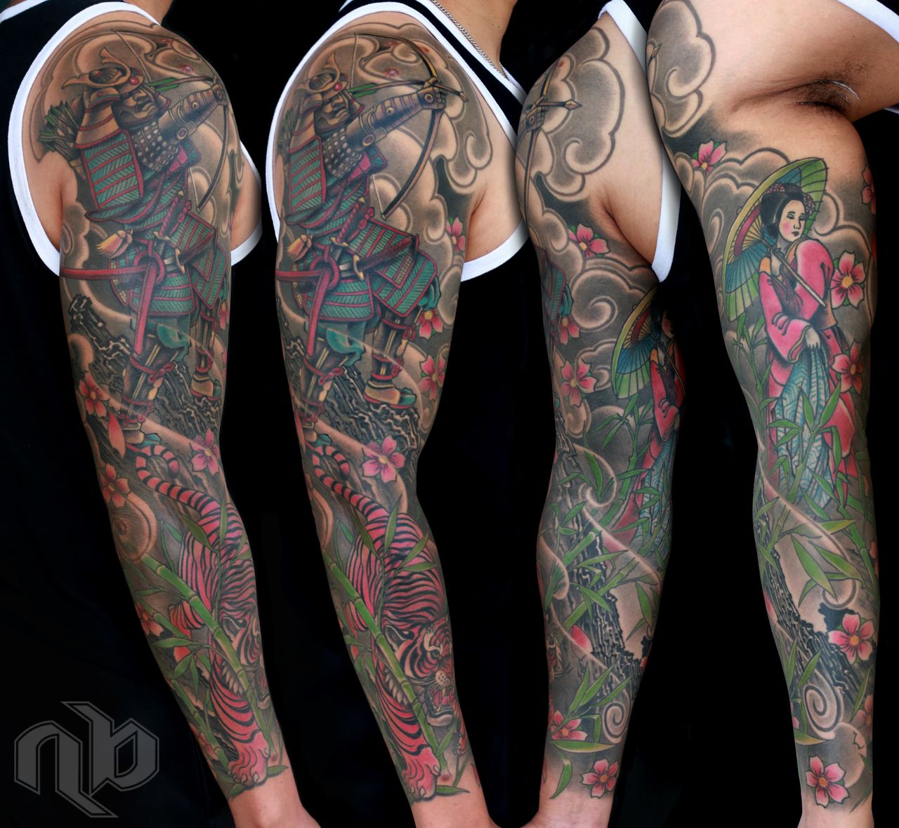 Four views show a colorful full-arm tattoo of a samurai archer, striped tiger, geisha with parasol, bamboo, flowers, and swirling clouds.