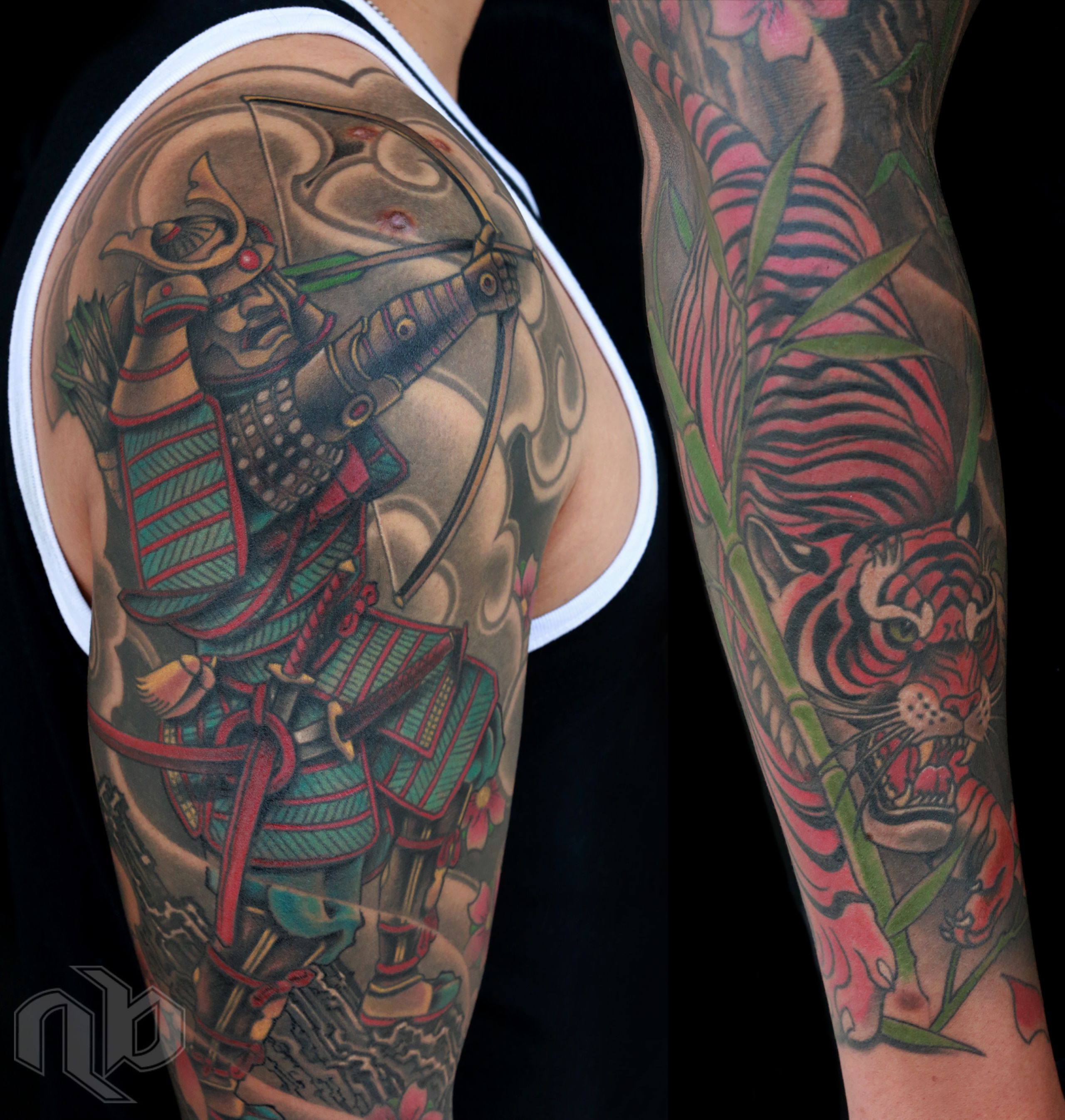 Two arm views show colorful tattoos of an armored samurai drawing a bow and a red tiger amid green bamboo.