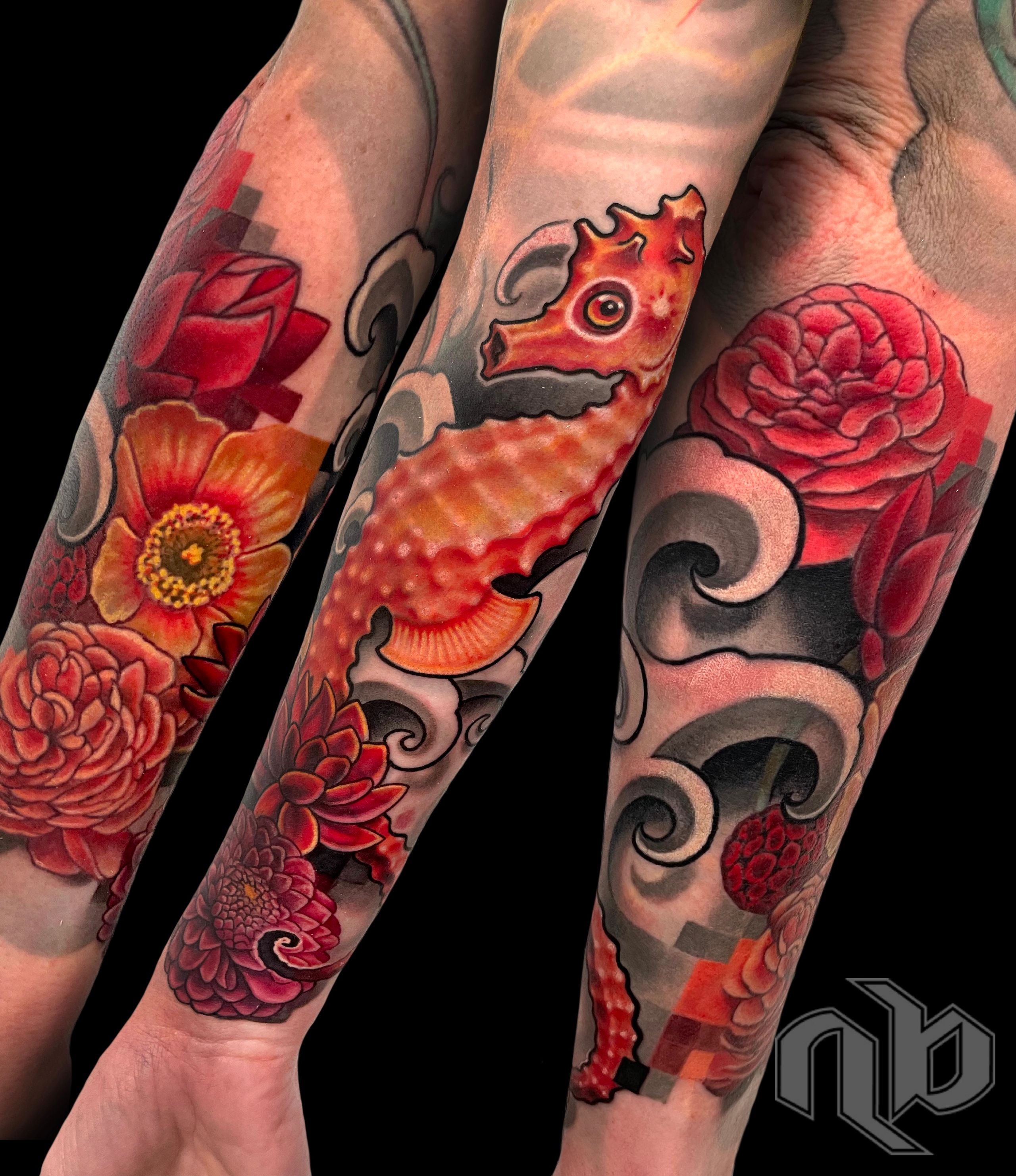 Illustrative color seahorse and flowers tattoo by nick Baxter in Austin Texas