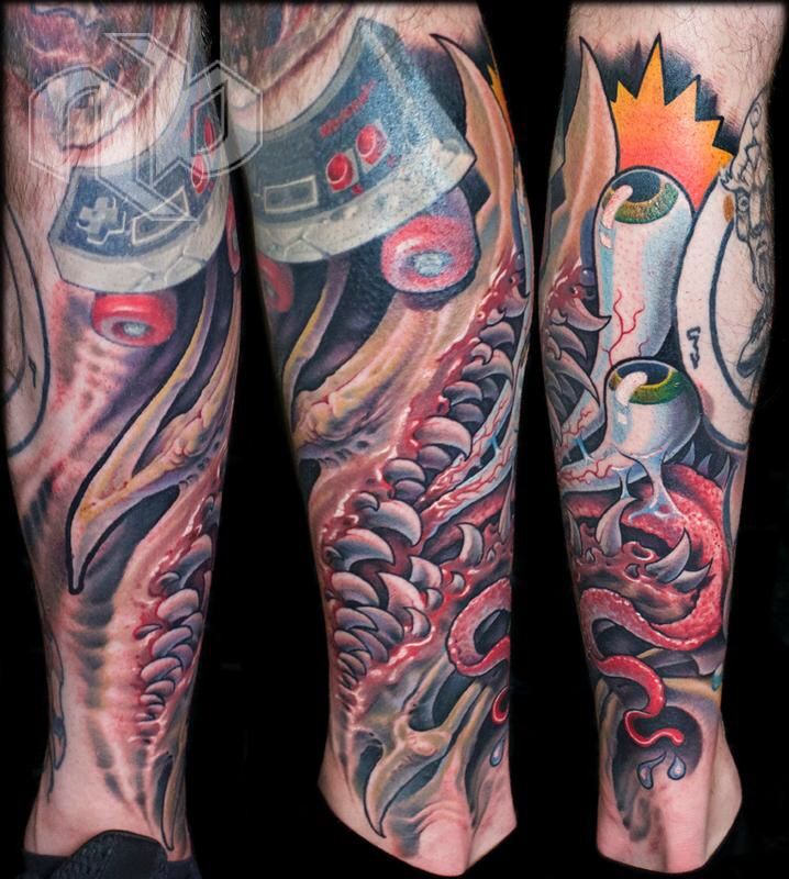 Three views of a leg tattoo show bio-organic fleshy forms with jagged teeth and cartoon skateboard inspired iconography.