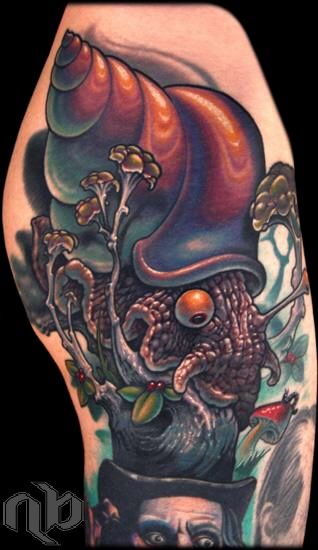 Medium leg tattoo of a fantastical snail with a large orange-purple shell, textured tentacles, and curling plants in teal and red.