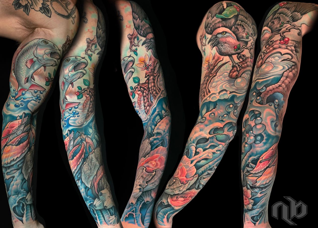 Illustrative color nature animals and water tattoo by nick Baxter in Austin Texas