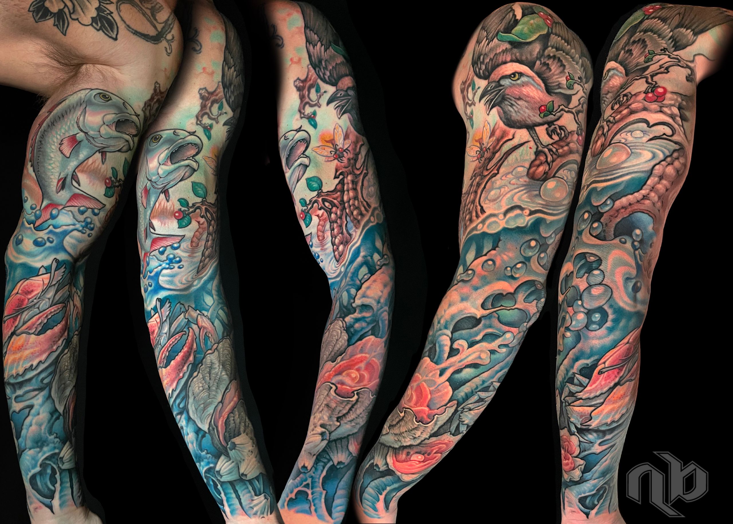 Illustrative color nature animals and water tattoo by nick Baxter in Austin Texas