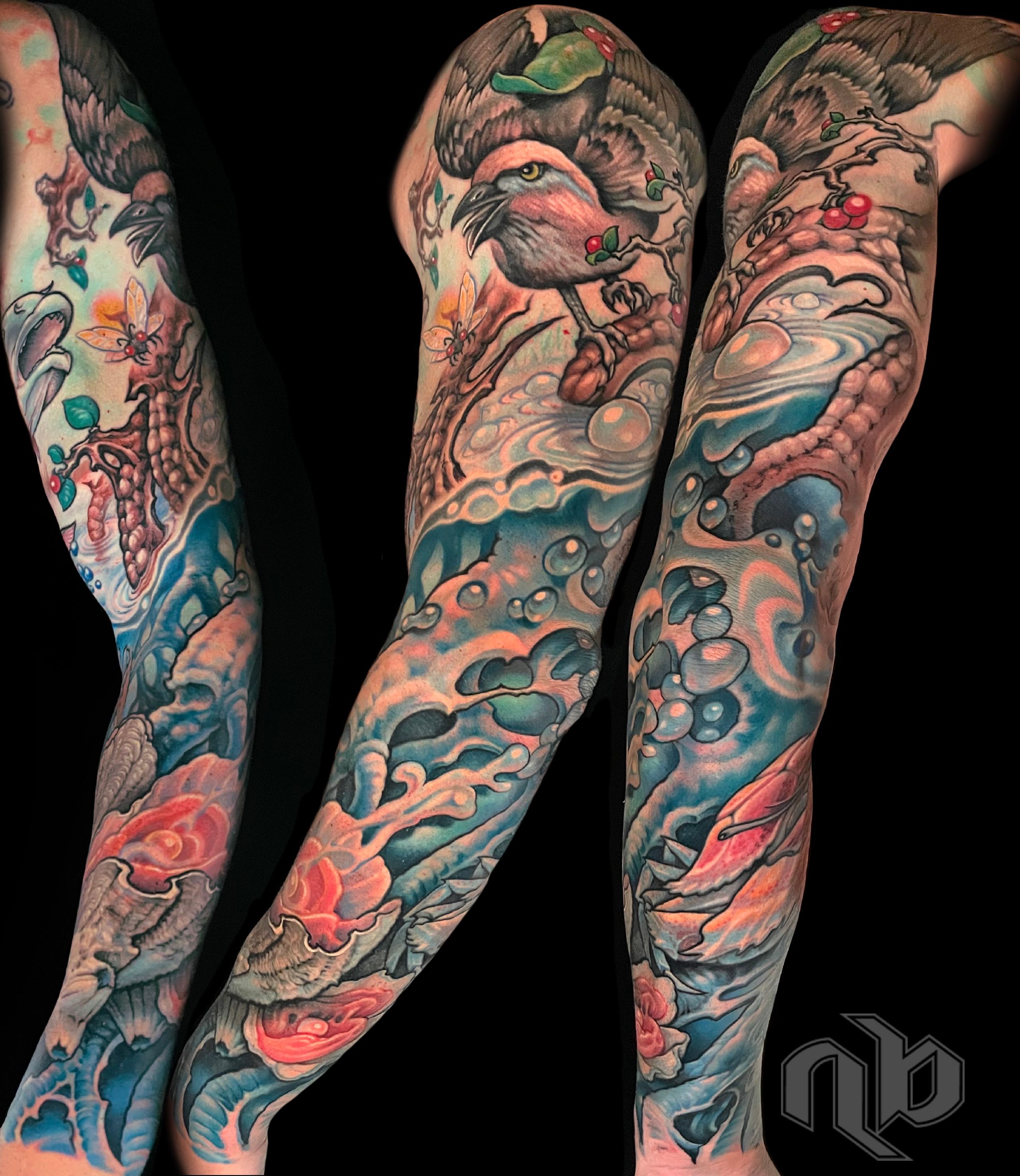 Illustrative color nature animals and water tattoo by nick Baxter in Austin Texas