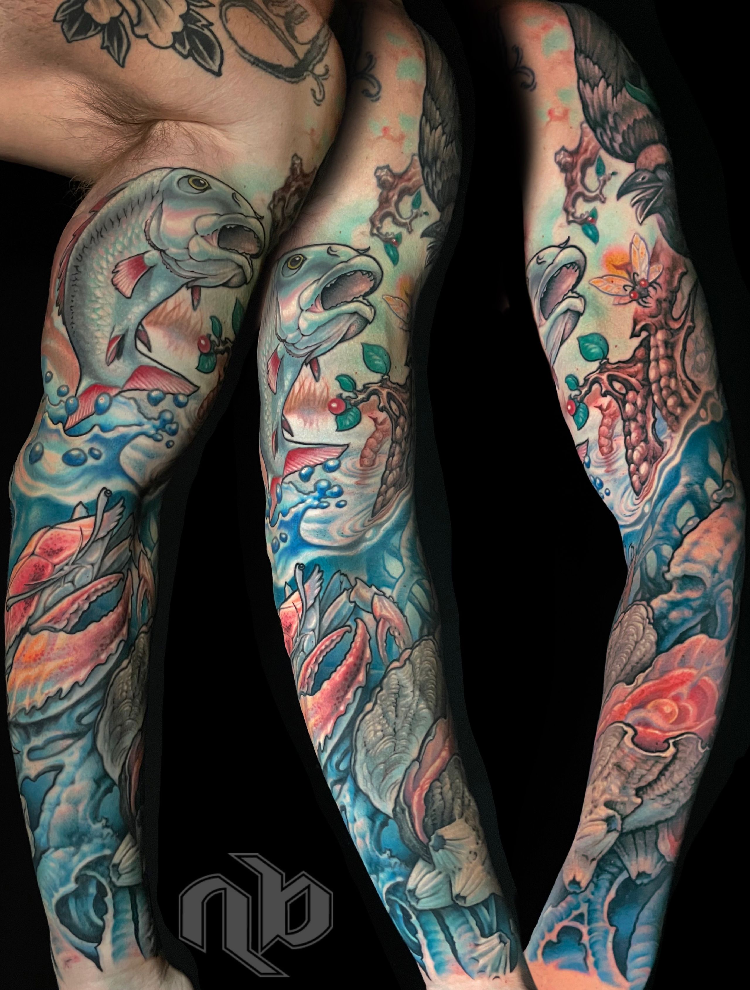 Illustrative color nature animals and water tattoo by nick Baxter in Austin Texas