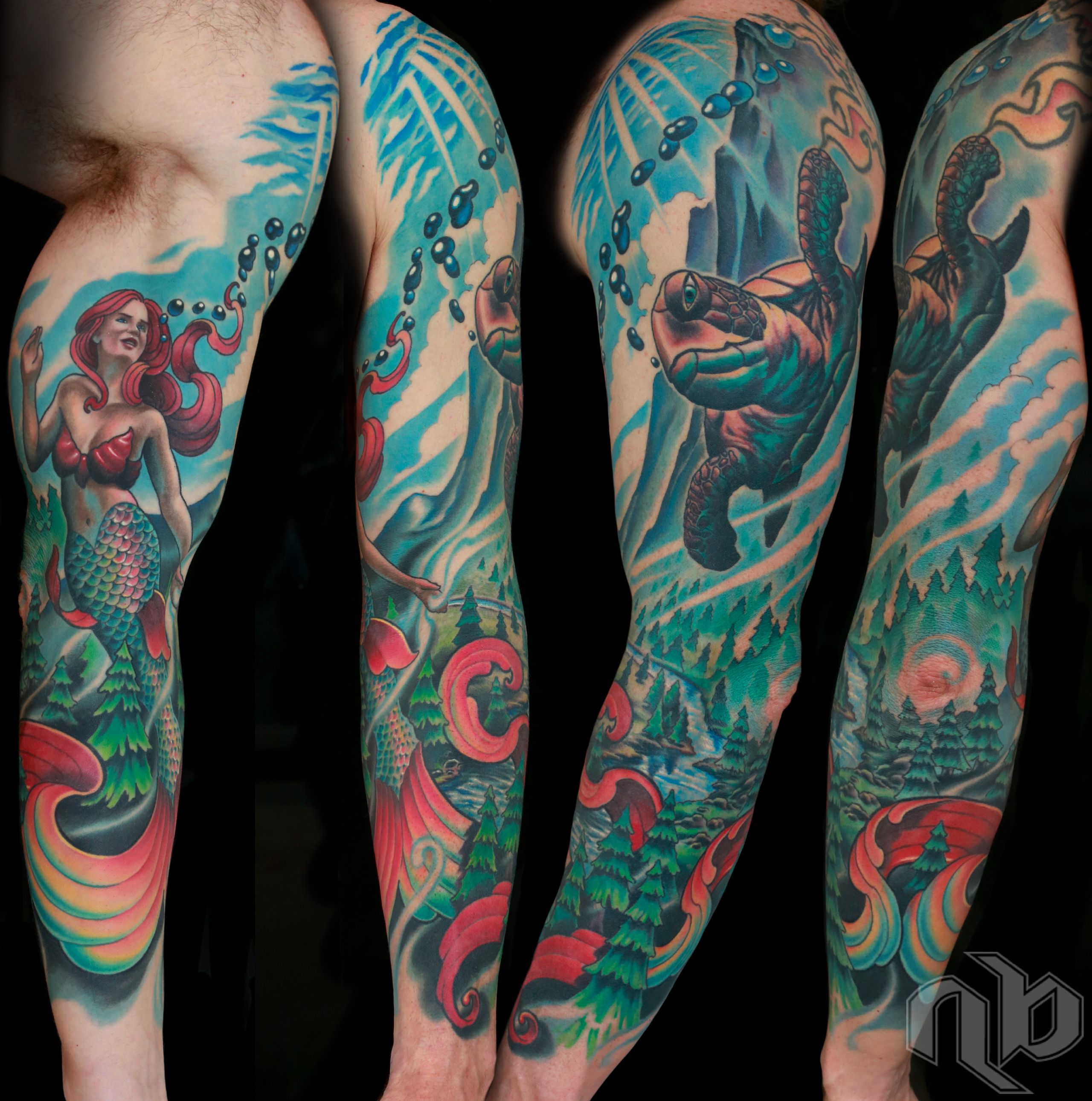 Four views show a large, vivid arm tattoo of a red-haired mermaid and sea turtle amid blue clouds, waves, and evergreen forests.