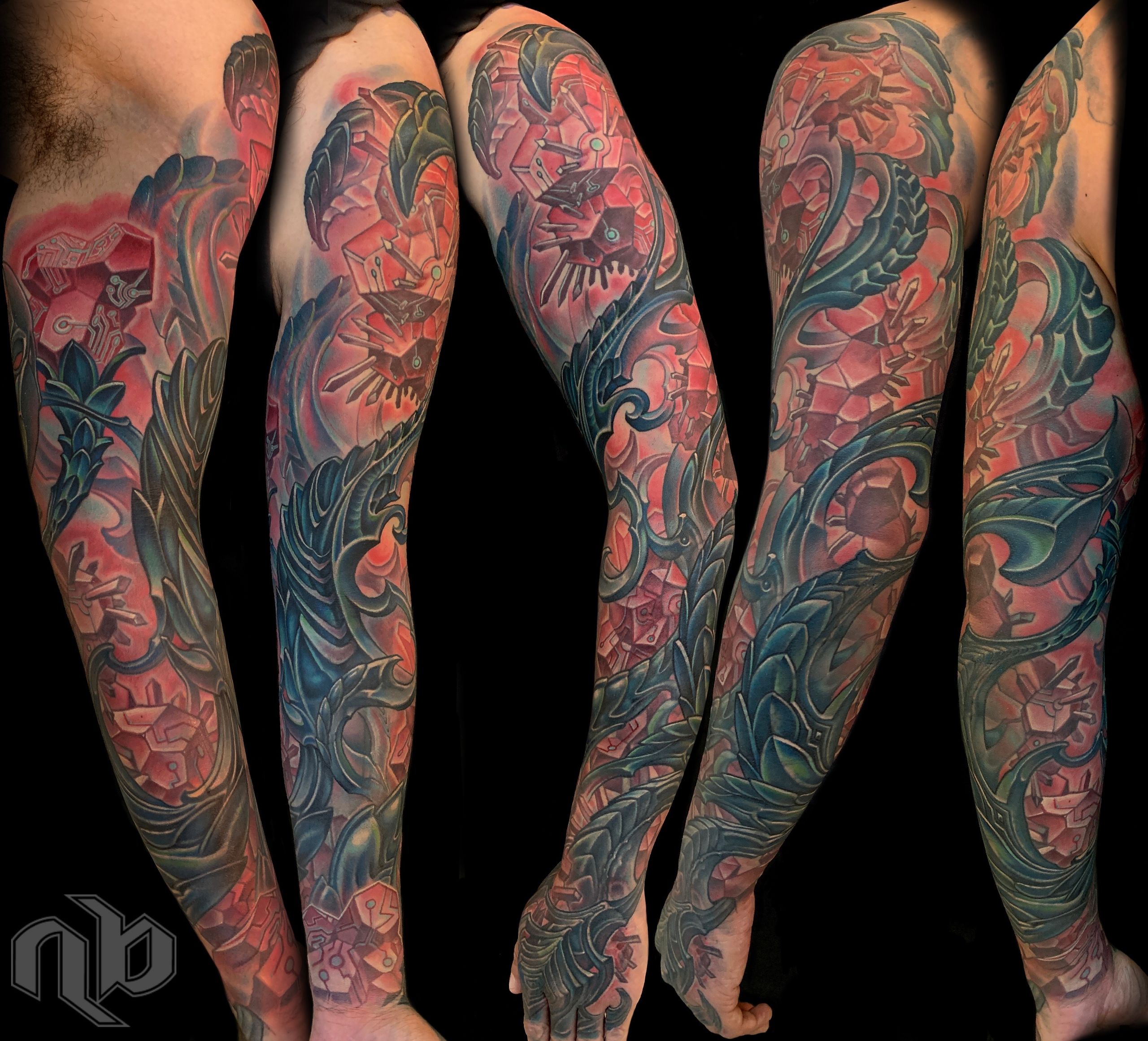 Five views show a large full-arm tattoo of red biomechanical forms intertwined with sweeping dark blue-green armor-like shapes.