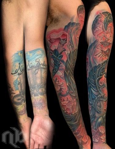 Multiple arm views against black show large tattoos in pink, teal, blue, and red with layered biomechanical and floral forms.