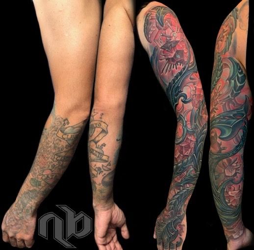Four arm views against black show a large coverup sleeve tattoo, with faded linework on the left and vivid red and teal biomechanical forms on the right.