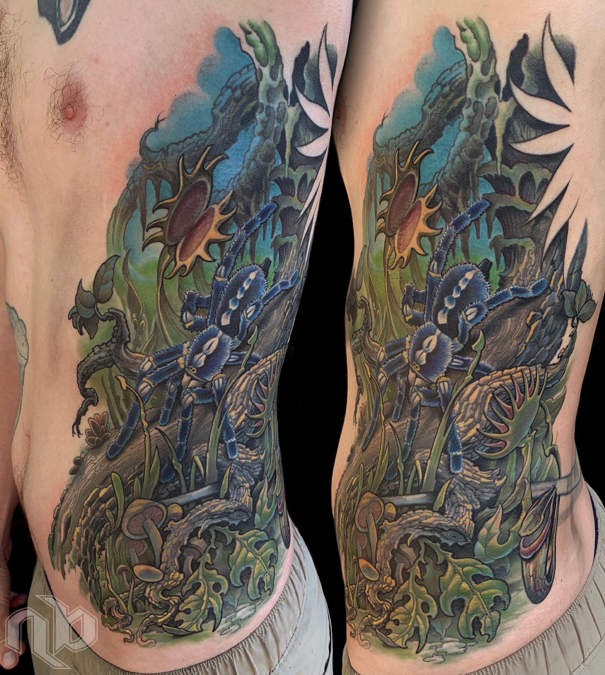 Side-by-side views show a large rib tattoo of a blue tarantula among green foliage, mushrooms, branches, and jungle plants.