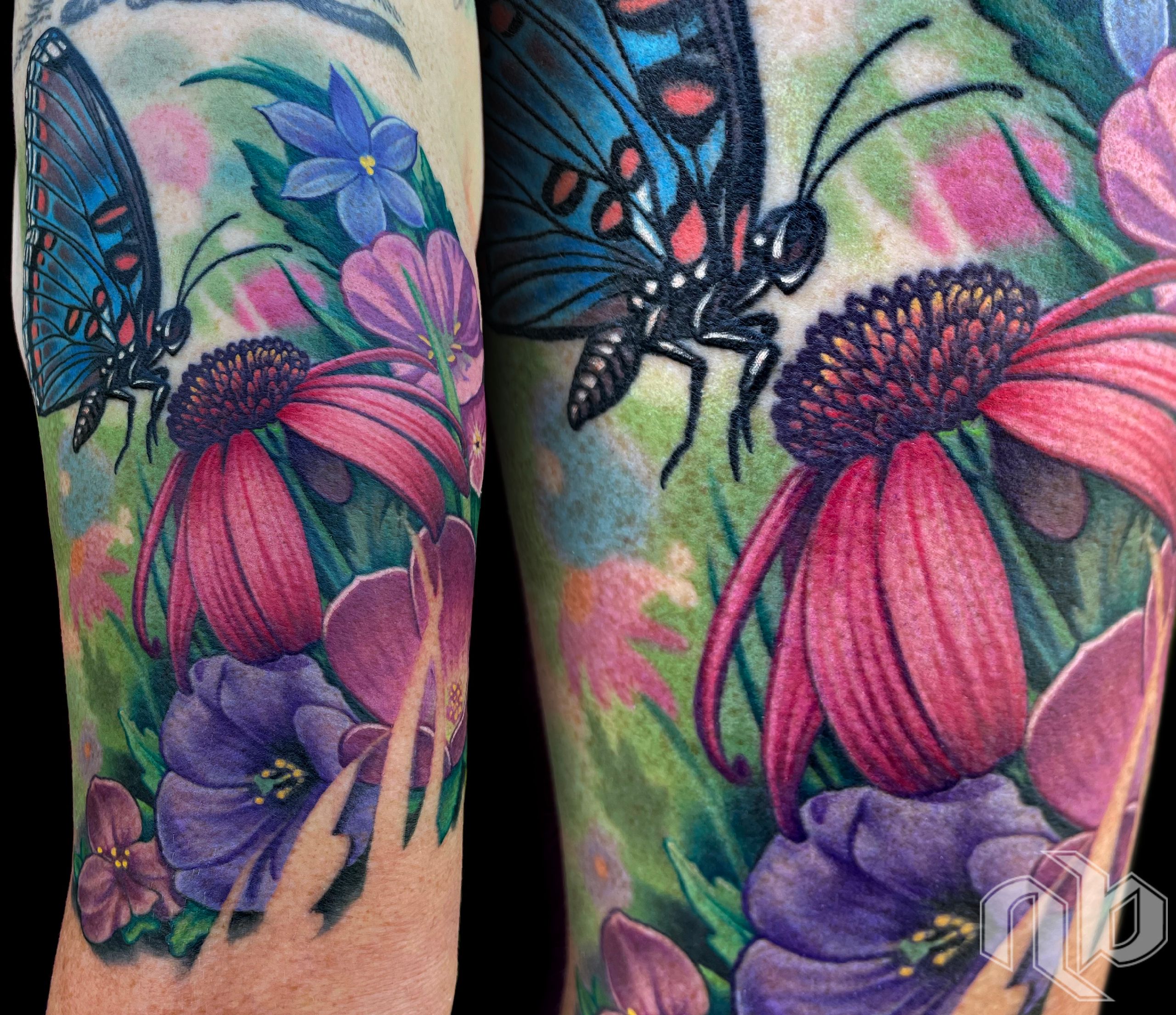 Side-by-side views show a colorful arm tattoo of a blue-black butterfly among pink coneflowers, purple blossoms, and green foliage.