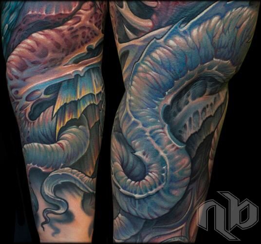 Two close views of a large arm tattoo show curling blue, purple, and pink textured tentacles against a black background.