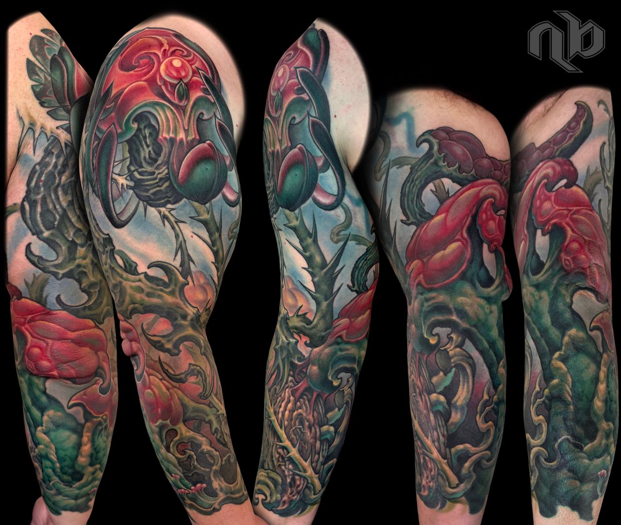 Color textured abstract bio-organic tattoo sleeve with roots, vines, thorns and floral growth by Nick Baxter in Austin Texas