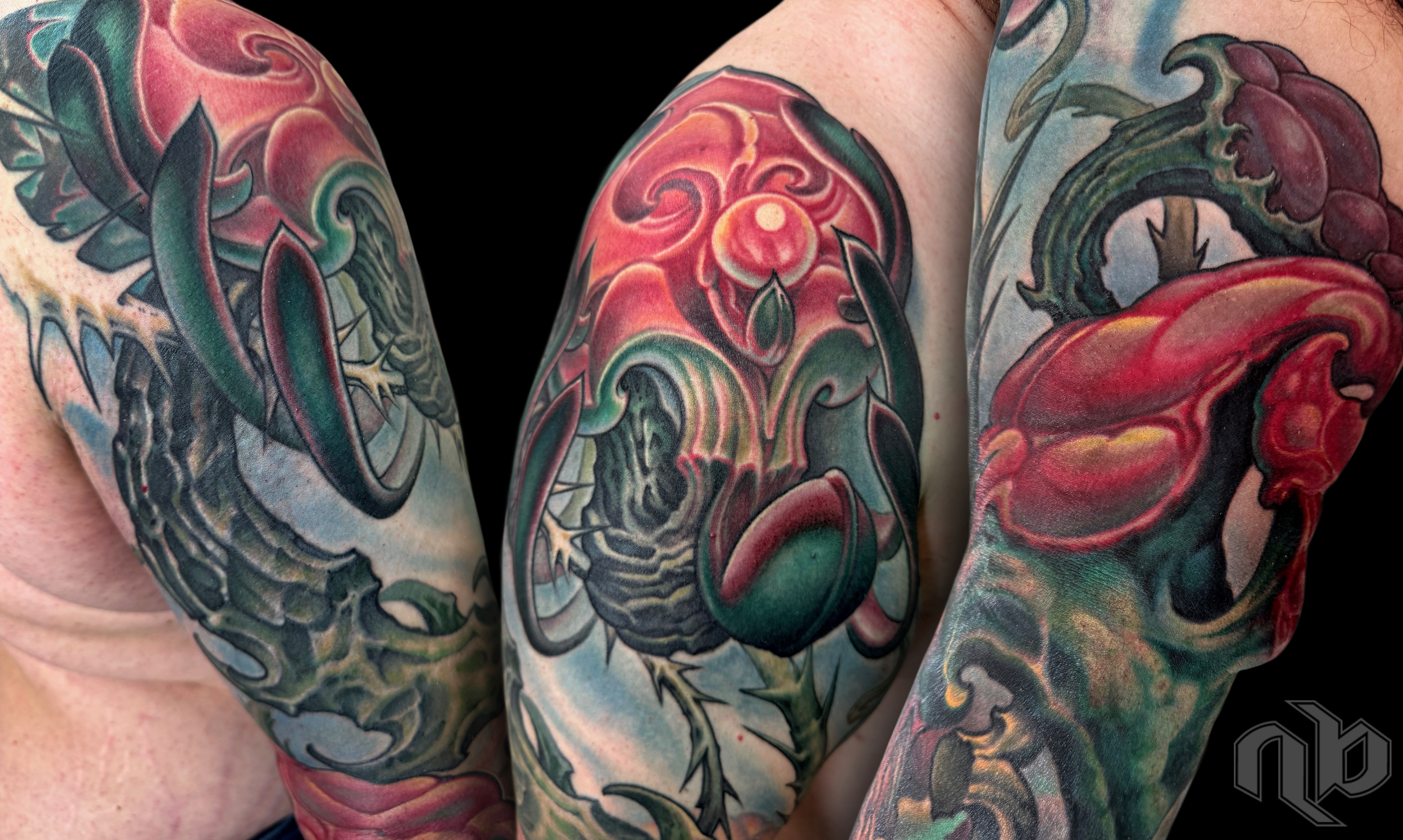 Color textured abstract bio-organic tattoo sleeve with roots, vines, thorns and floral growth by Nick Baxter in Austin Texas