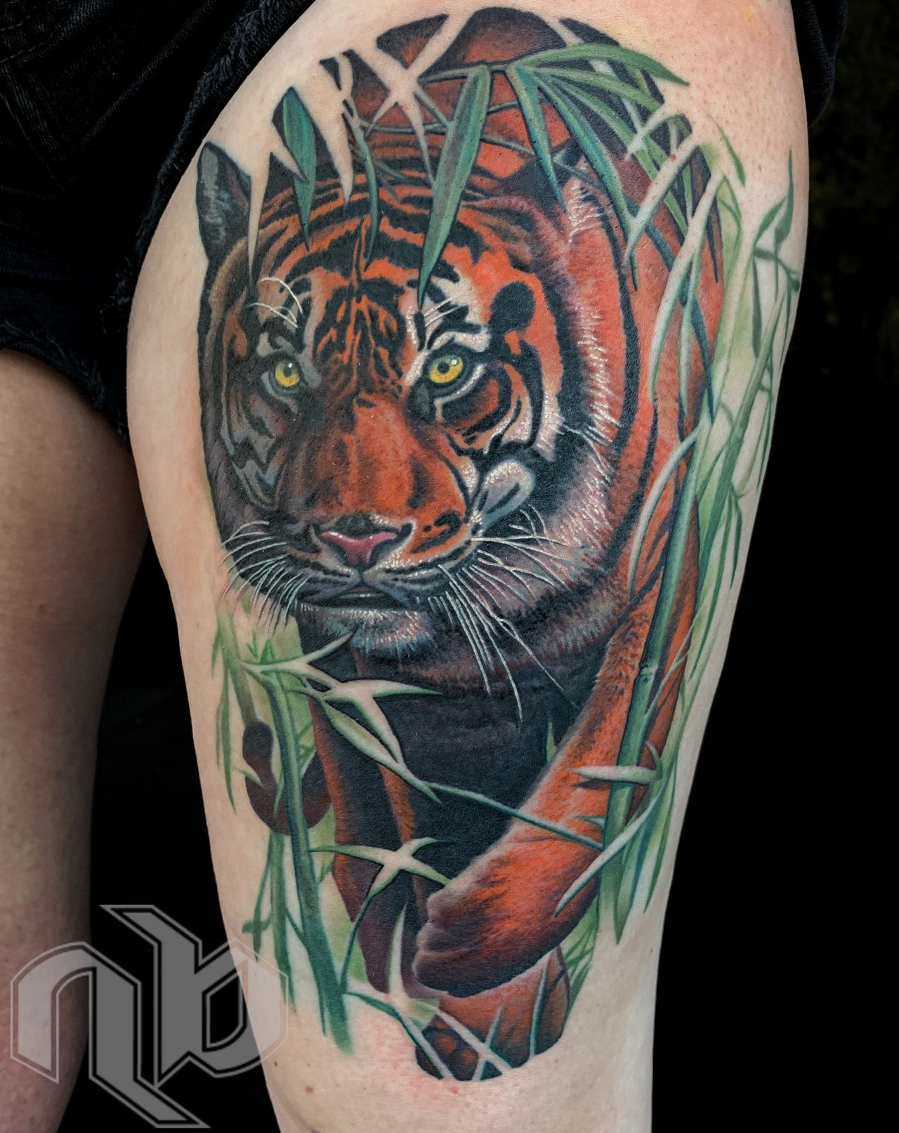 Close view of a medium leg tattoo depicting an orange-and-black tiger with yellow eyes emerging through green bamboo stalks.