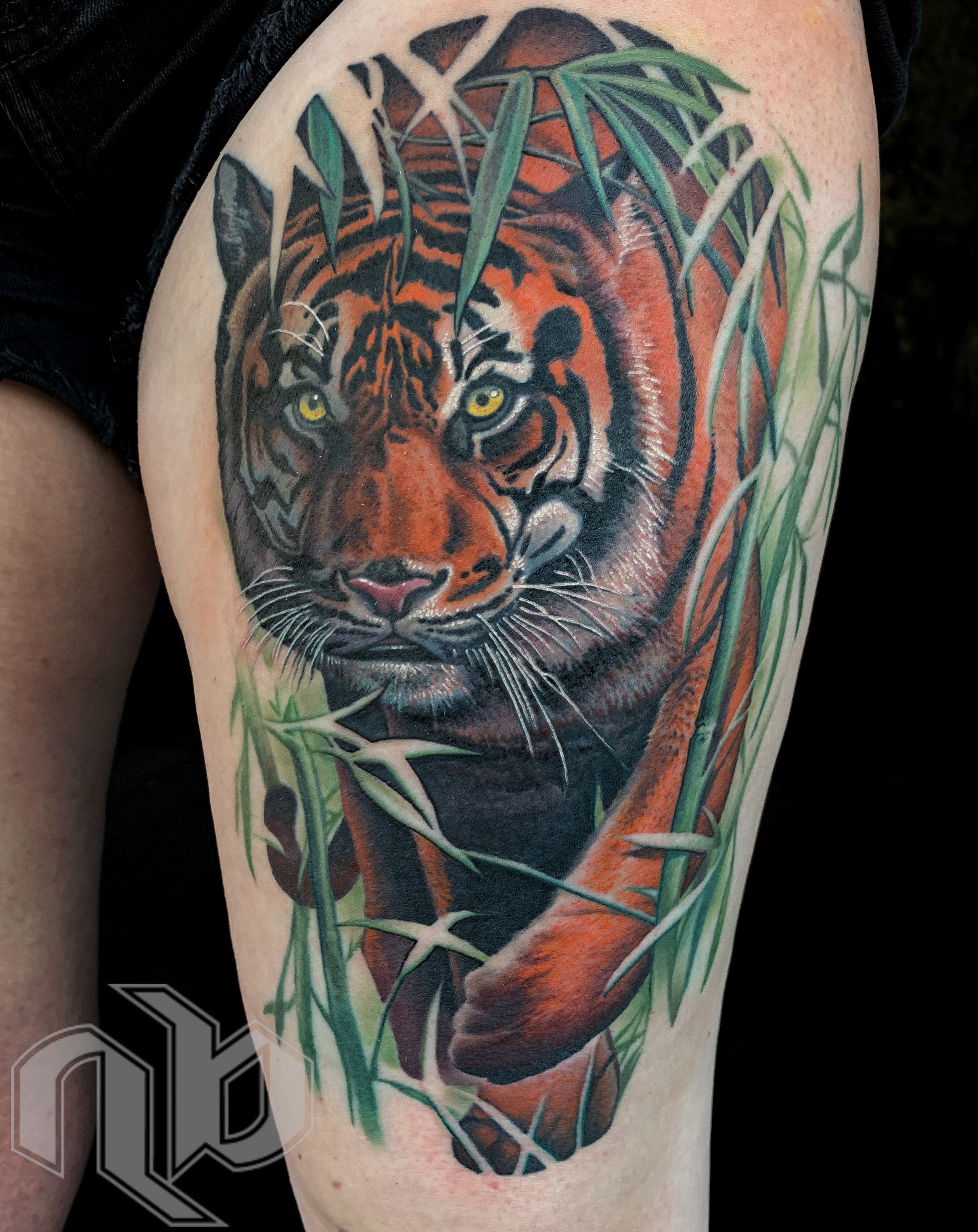 Close view of a medium leg tattoo depicting an orange-and-black tiger with yellow eyes emerging through green bamboo stalks.