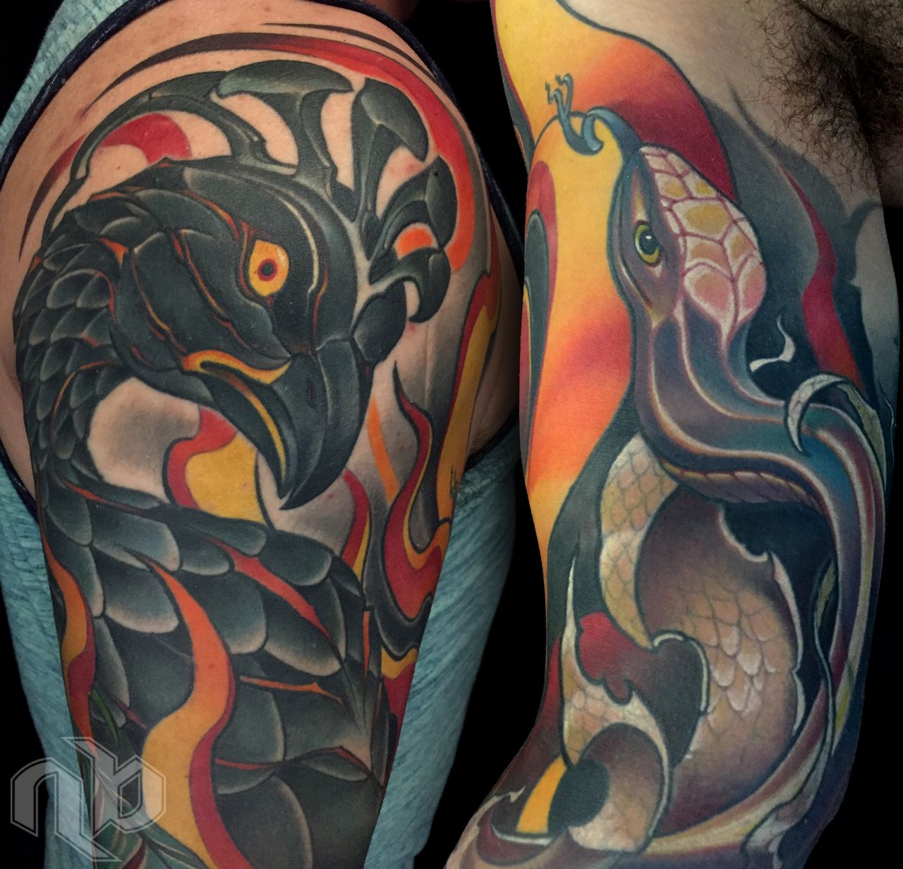 Side-by-side close views show a large arm tattoo of a dark phoenix bird and coiled snake shedding its skin against vivid red, orange, and yellow flame shapes.