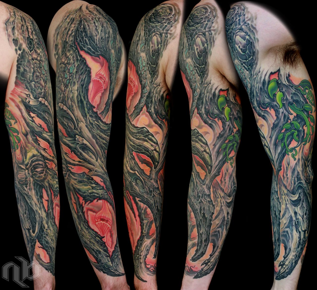 color bio-organic full arm sleeve tattoo of textured tree bark with glowing background by nick baxter in austin texas