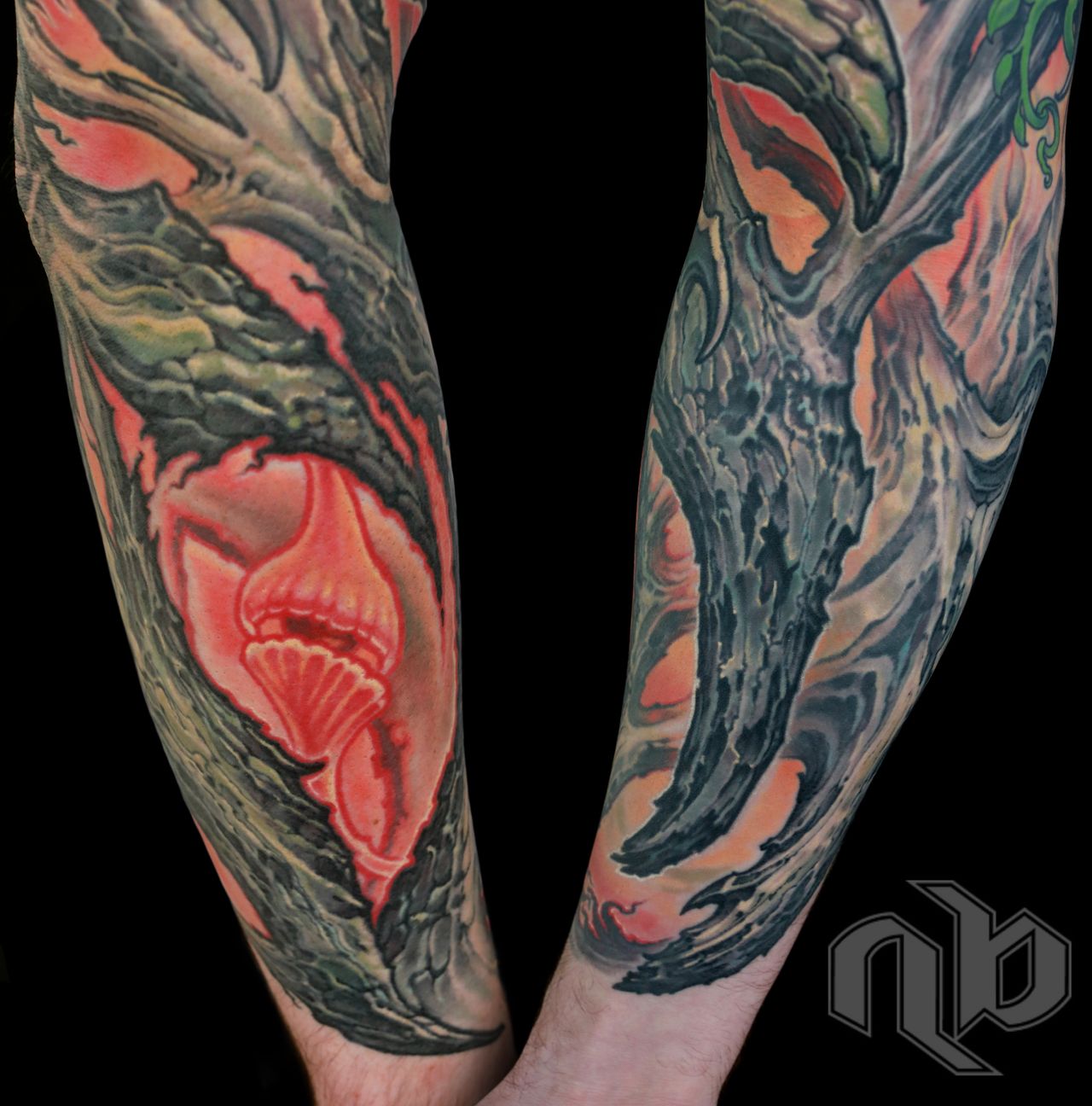color bio-organic full arm sleeve tattoo of textured tree bark with glowing background by nick baxter in austin texas