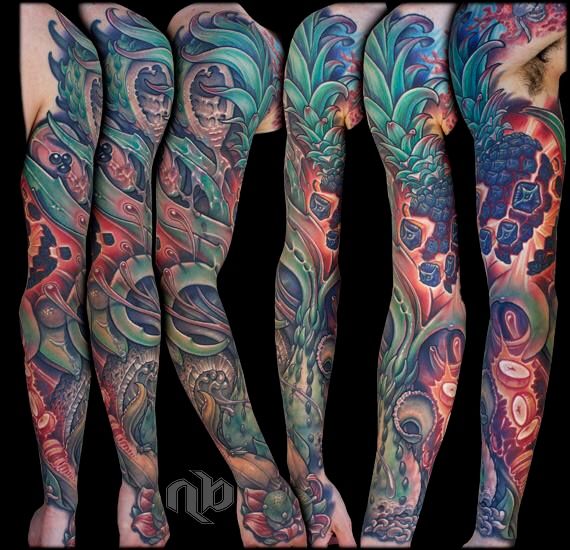 Six views show a large arm tattoo with turquoise leaves, red tropical fruits, dark berries, and intricate bio-organic forms against black.