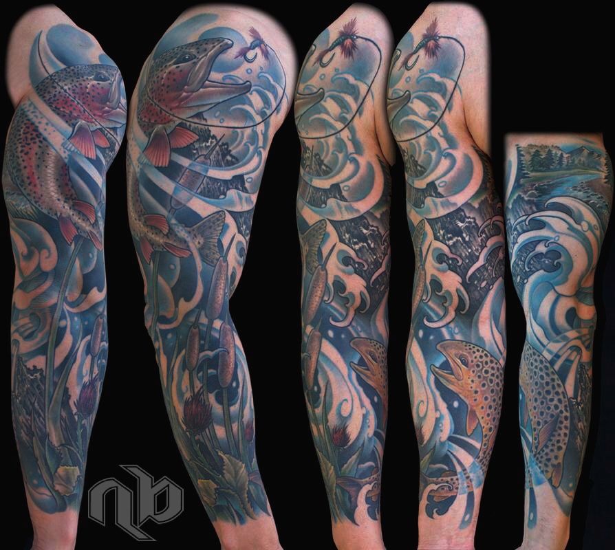 Five views show a large arm tattoo of spotted trout, fishing flies, swirling blue water, and mountain landscapes against black.