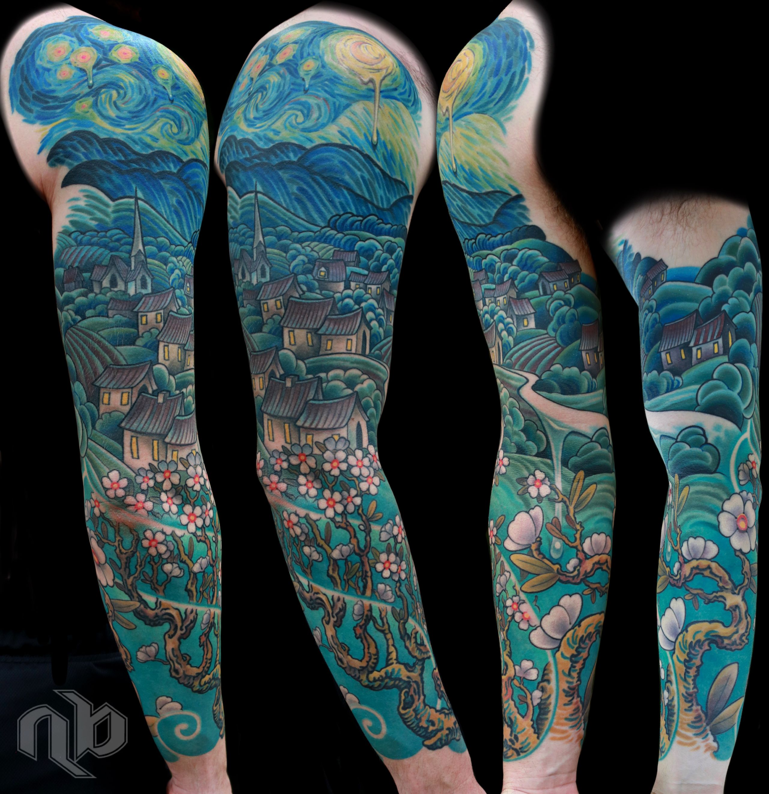 Illustrative color Van Gogh art tribute tattoo by nick Baxter in Austin Texas
