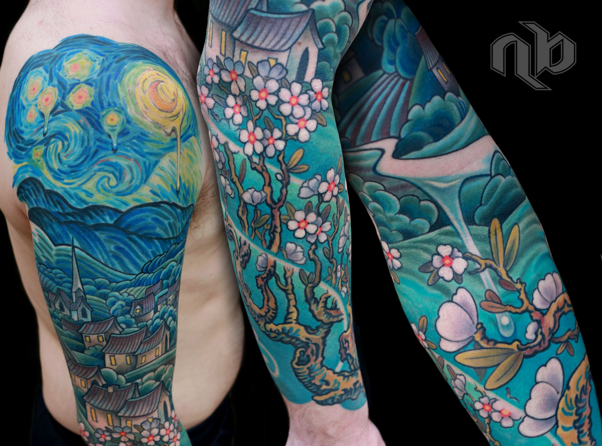 Illustrative color Van Gogh art tribute tattoo by nick Baxter in Austin Texas