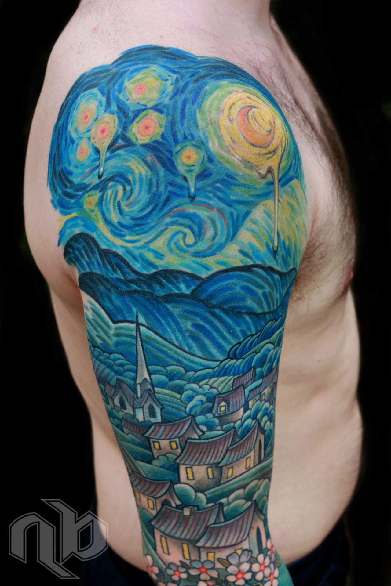 Illustrative color Van Gogh art tribute tattoo by nick Baxter in Austin Texas