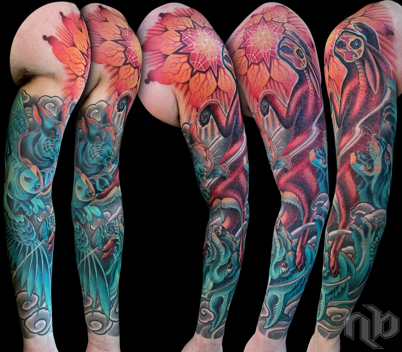 Five views show a large arm tattoo of teal rabbits, a bird, and a red skeletal rabbit beneath an orange mandala.