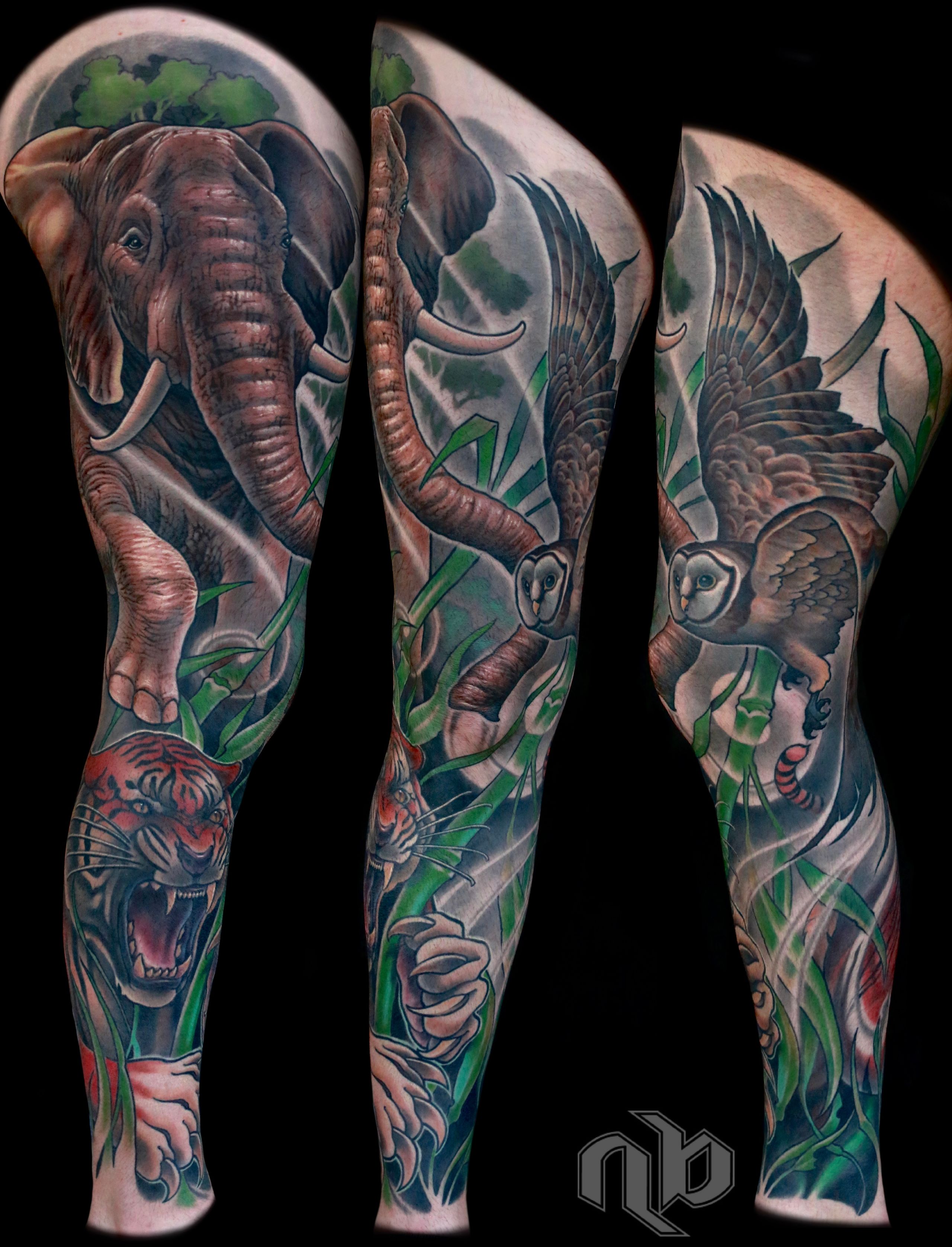 Illustrative color wild animal tiger elephant owl and nature tattoo by nick Baxter in Austin Texas