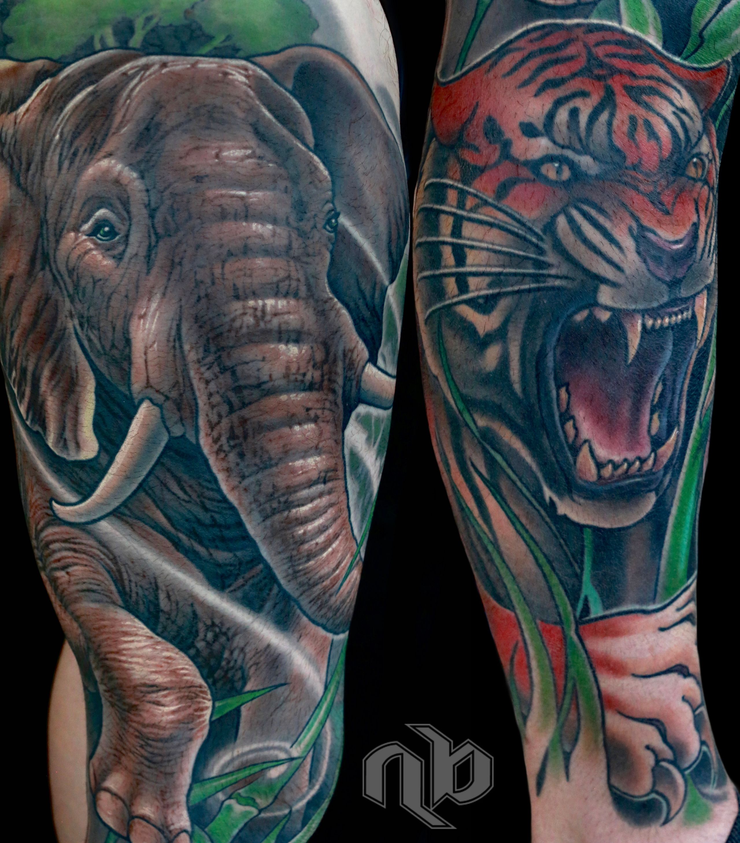 Illustrative color wild animal tiger elephant owl and nature tattoo by nick Baxter in Austin Texas