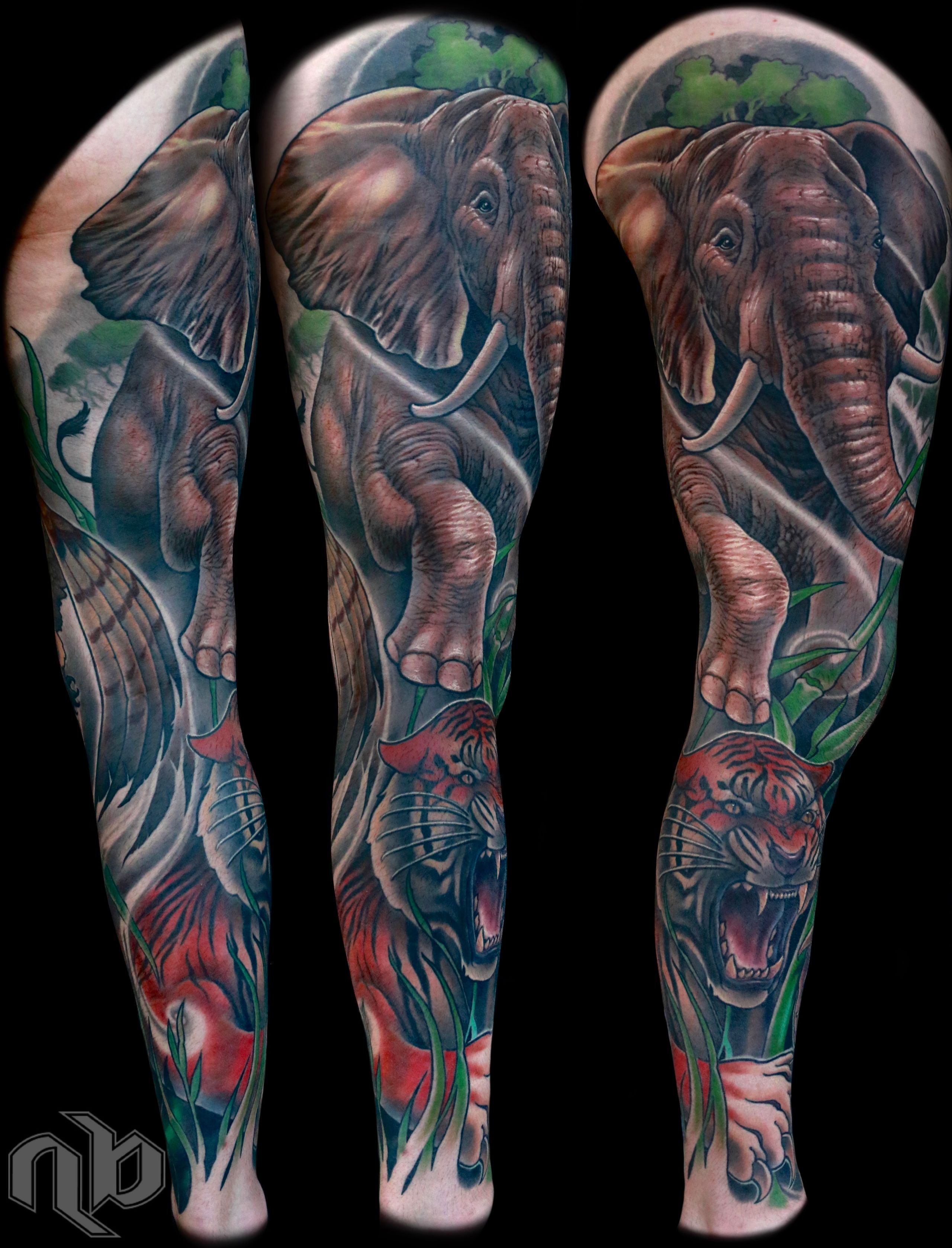Illustrative color wild animal tiger elephant owl and nature tattoo by nick Baxter in Austin Texas