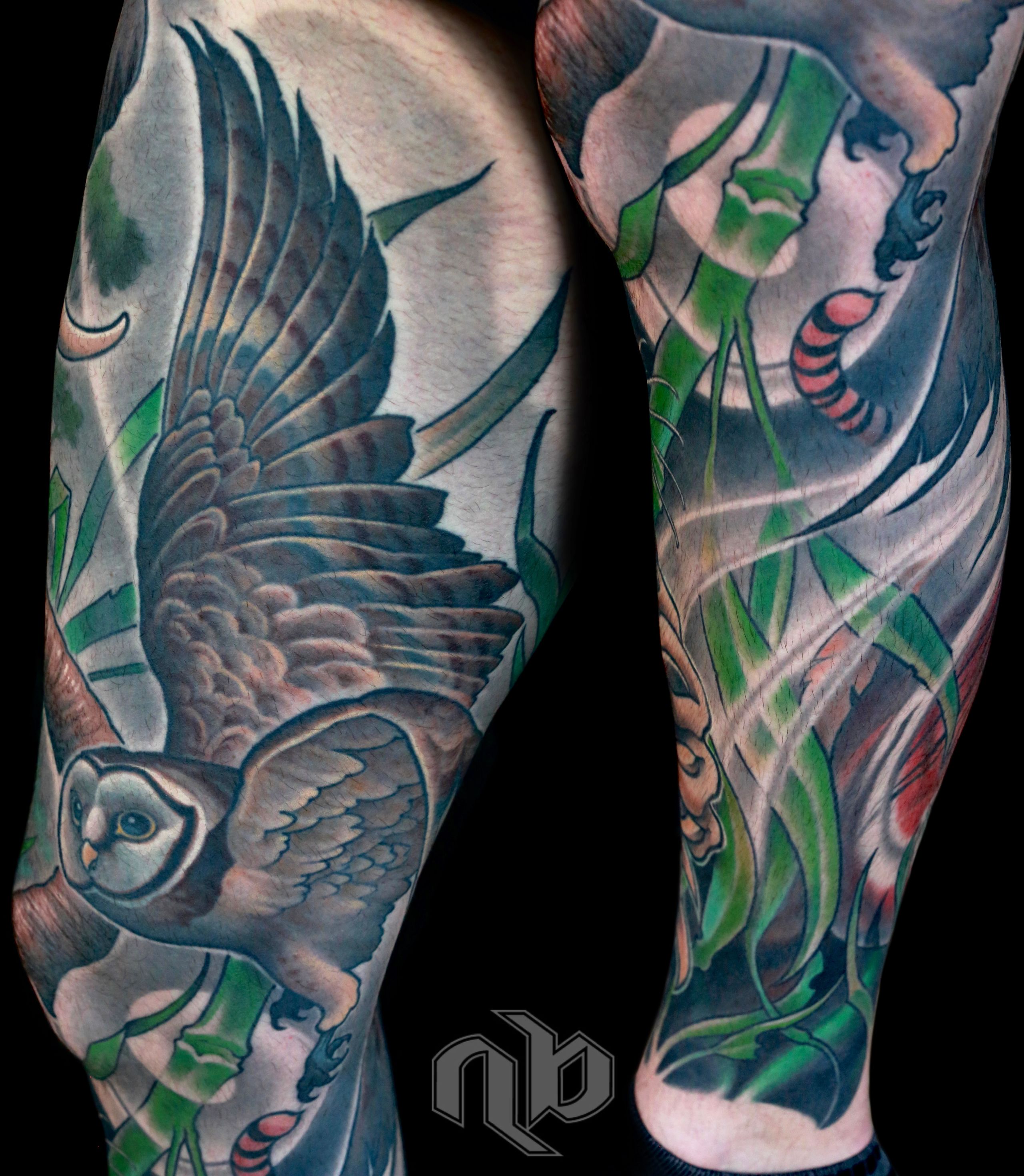 Illustrative color wild animal tiger elephant owl and nature tattoo by nick Baxter in Austin Texas